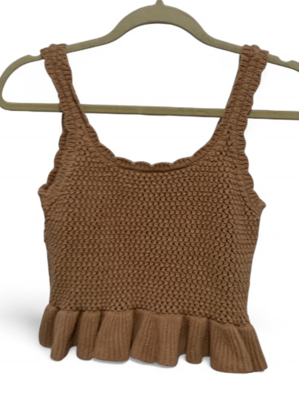 American Eagle Tan Crochet Knit Ruffle Hem Tank Top
